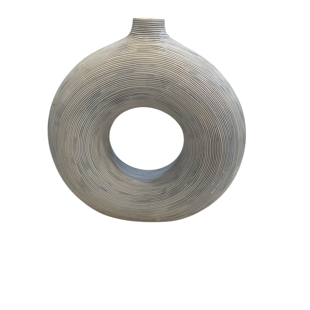 Modern Ribbed Ceramic Donut Vase White Blue Textured Circular Sculpture‎ 11 Inch
